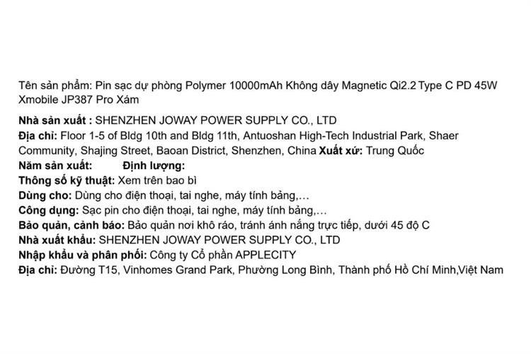 Pin sạc dự phòng Polymer 10000mAh Không dây Magnetic Qi2.2 Type C PD 45W Xmobile JP387 Pro Màu Xám