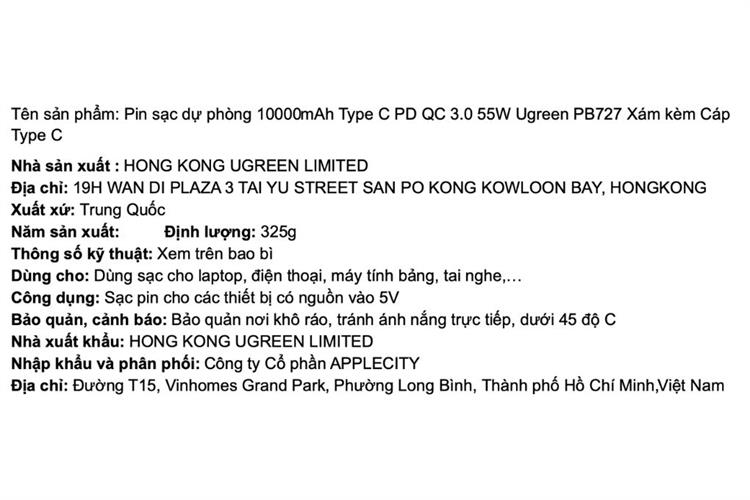 Pin sạc dự phòng 10000mAh Type C PD QC 3.0 55W Ugreen PB727 kèm Cáp Type C Màu Xám
