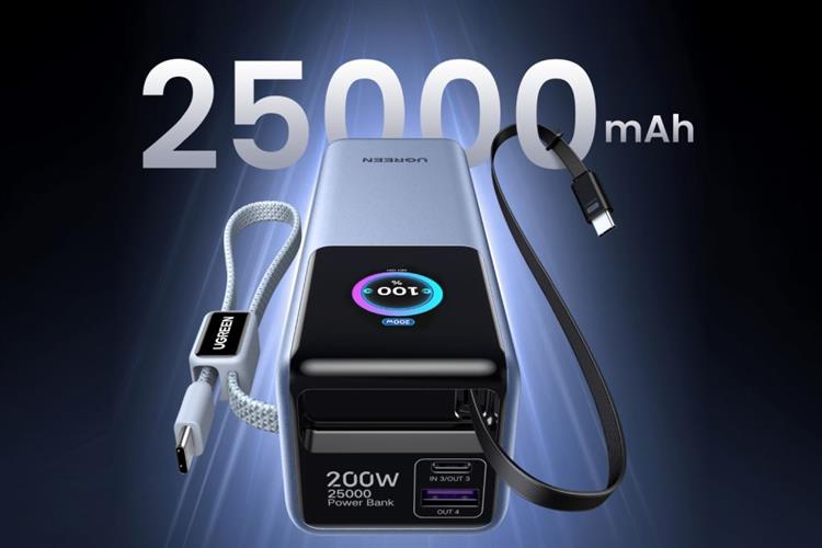 Pin sạc dự phòng 25000mAh Type C PD QC 3.0 200W Ugreen PB728 kèm Cáp Dây Rút Type C Màu Xám