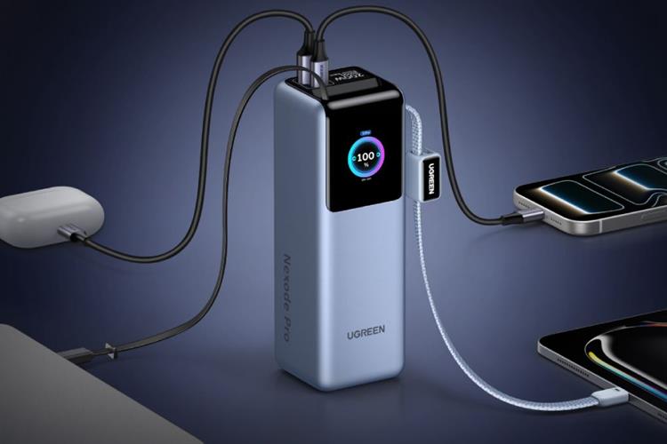 Pin sạc dự phòng 25000mAh Type C PD QC 3.0 200W Ugreen PB728 kèm Cáp Dây Rút Type C Màu Xám