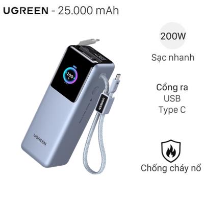 Pin sạc dự phòng 25000mAh Type C PD QC 3.0 200W Ugreen PB728 kèm Cáp Dây Rút Type C