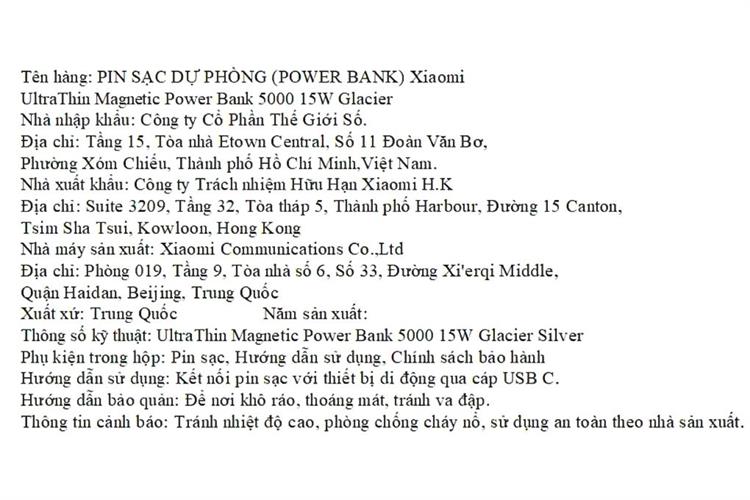 Pin sạc dự phòng 5000mAh Không dây Magnetic Type C PD 22.5W Xiaomi Ultrathin MDY-20-EB Màu Bạc