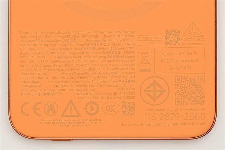 Pin sạc dự phòng 5000mAh Không dây Magnetic Type C PD 22.5W Xiaomi Ultrathin MDY-20-EB Cam Màu Cam