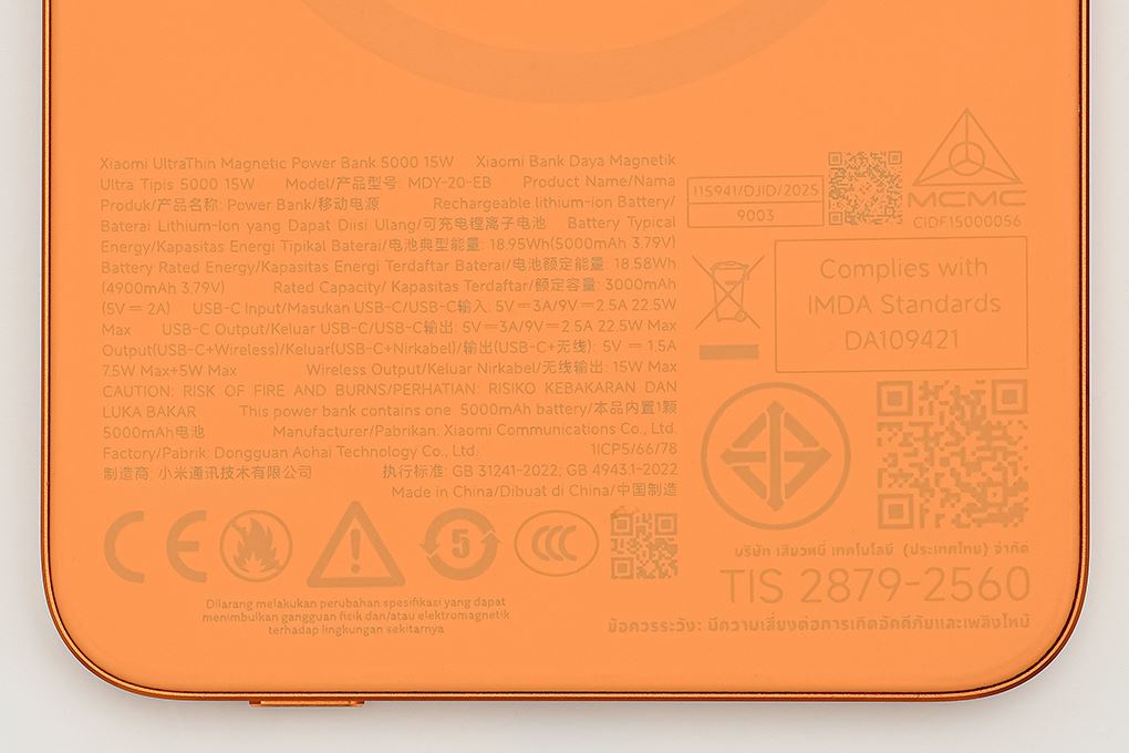 Pin sạc dự phòng 5000mAh Không dây Magnetic Type C PD 22.5W Xiaomi Ultrathin MDY-20-EB Cam Màu Cam
