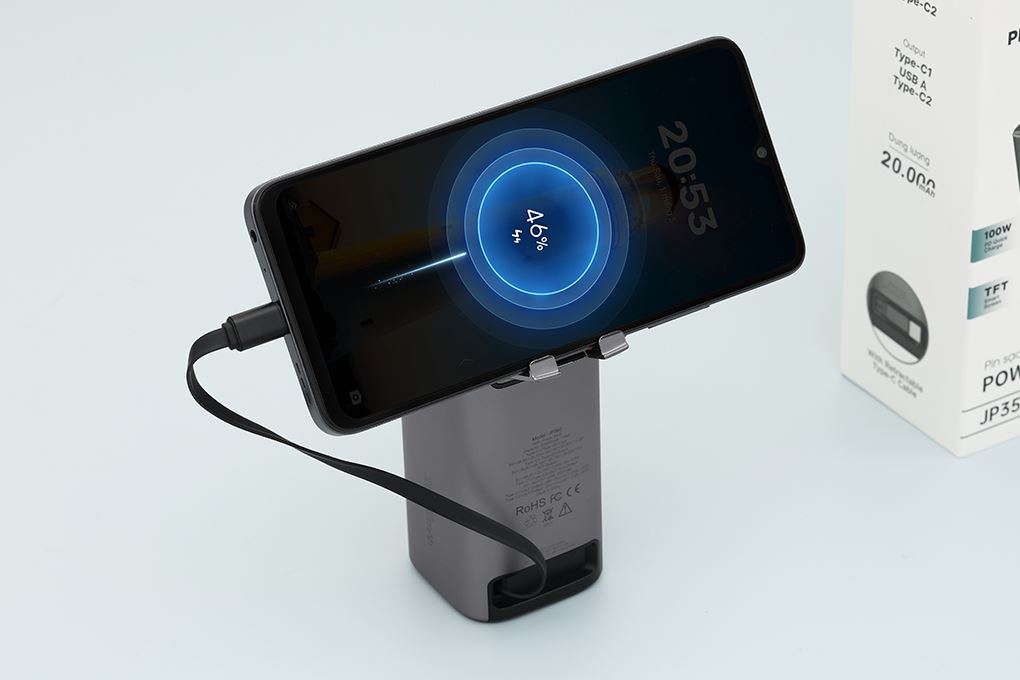 Pin sạc dự phòng 20000mAh Type C PD QC 3.0 130W Xmobile TFT JP350 kèm Cáp Dây Rút Type C Màu Xám