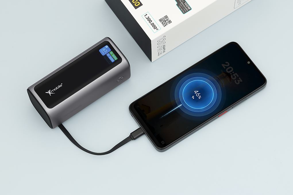 Pin sạc dự phòng 20000mAh Type C PD QC 3.0 130W Xmobile TFT JP350 kèm Cáp Dây Rút Type C Màu Xám