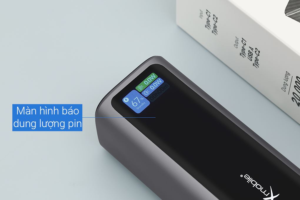 Pin sạc dự phòng 20000mAh Type C PD QC 3.0 130W Xmobile TFT JP350 kèm Cáp Dây Rút Type C Màu Xám