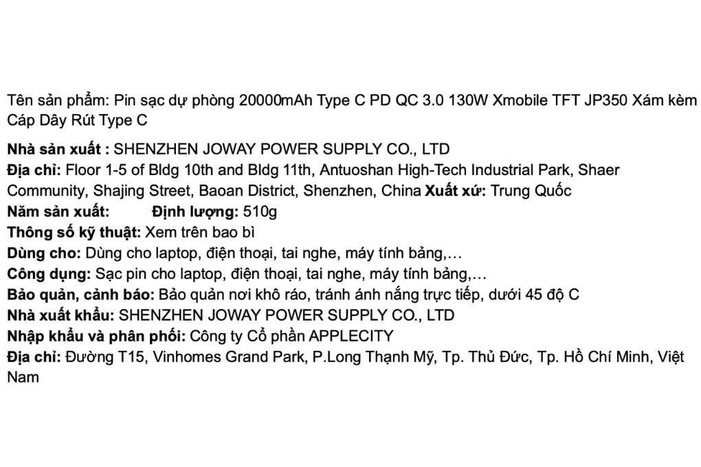 Pin sạc dự phòng 20000mAh Type C PD QC 3.0 130W Xmobile TFT JP350 kèm Cáp Dây Rút Type C Màu Xám