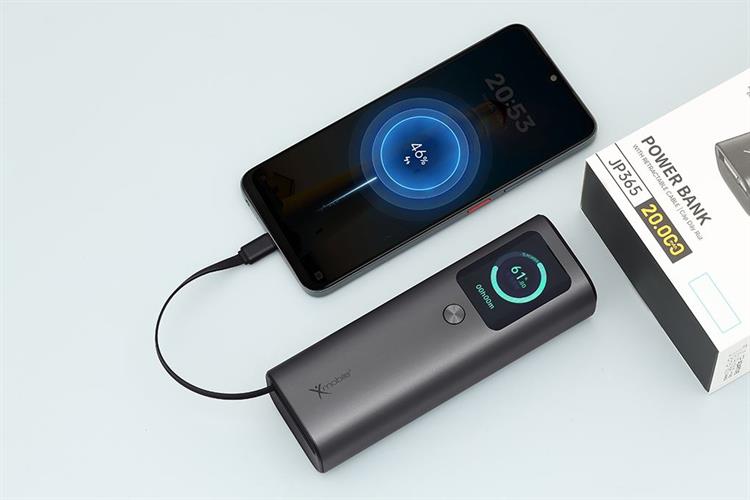 Pin sạc dự phòng 20000mAh Type C PD QC 3.0 165W Xmobile TFT JP365 kèm Cáp Dây Rút Type C Màu Xám
