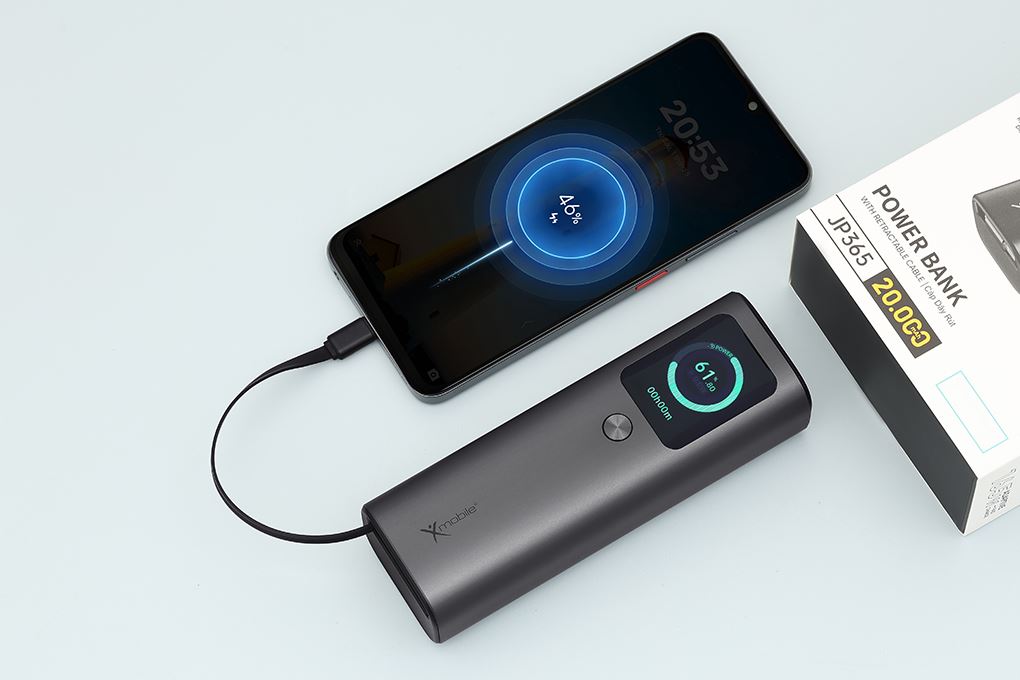 Pin sạc dự phòng 20000mAh Type C PD QC 3.0 165W Xmobile TFT JP365 kèm Cáp Dây Rút Type C Màu Xám
