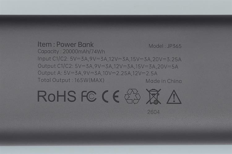 Pin sạc dự phòng 20000mAh Type C PD QC 3.0 165W Xmobile TFT JP365 kèm Cáp Dây Rút Type C Màu Xám