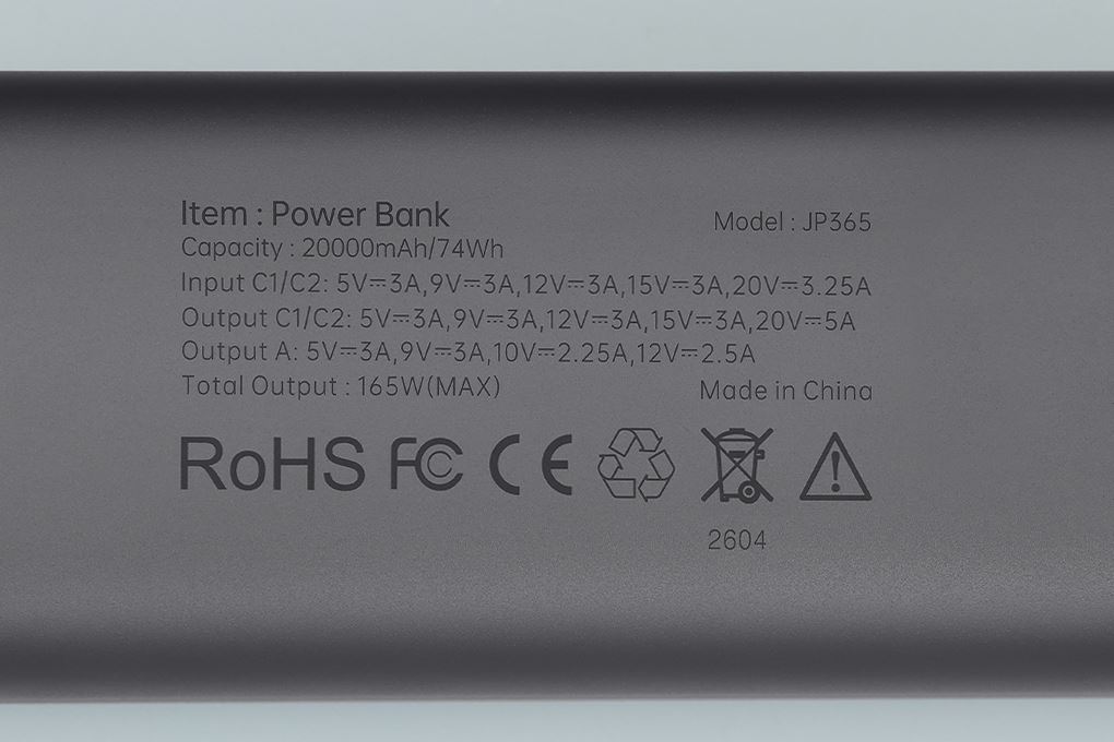 Pin sạc dự phòng 20000mAh Type C PD QC 3.0 165W Xmobile TFT JP365 kèm Cáp Dây Rút Type C Màu Xám
