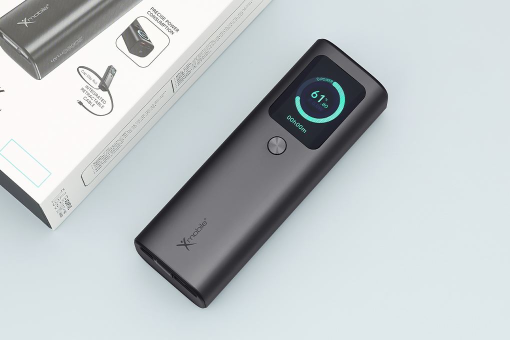 Pin sạc dự phòng 20000mAh Type C PD QC 3.0 165W Xmobile TFT JP365 kèm Cáp Dây Rút Type C Màu Xám