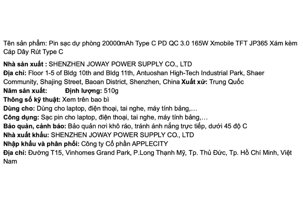 Pin sạc dự phòng 20000mAh Type C PD QC 3.0 165W Xmobile TFT JP365 kèm Cáp Dây Rút Type C Màu Xám