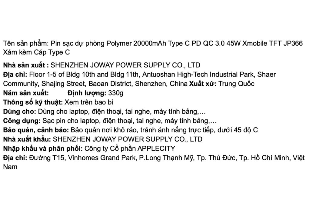 Pin sạc dự phòng Polymer 20000mAh Type C PD QC 3.0 45W Xmobile TFT JP366 kèm Cáp Type C Màu Xám