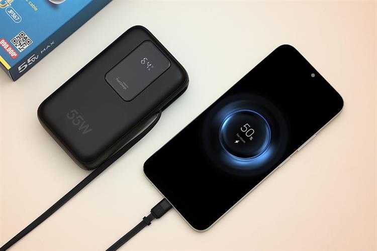 Pin sạc dự phòng Polymer 20000mAh Type C PD QC 3.0 55W Xmobile JP367 kèm Cáp dây rút Type C Màu Đen