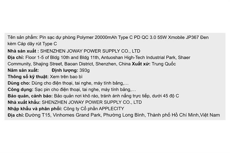 Pin sạc dự phòng Polymer 20000mAh Type C PD QC 3.0 55W Xmobile JP367 kèm Cáp dây rút Type C Màu Đen