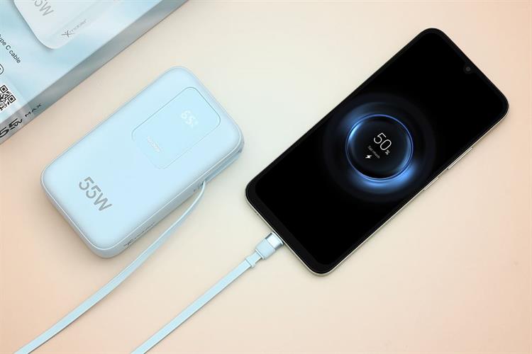 Pin sạc dự phòng Polymer 20000mAh Type C PD QC 3.0 55W Xmobile JP367 kèm Cáp dây rút Type C Màu Xanh Dương