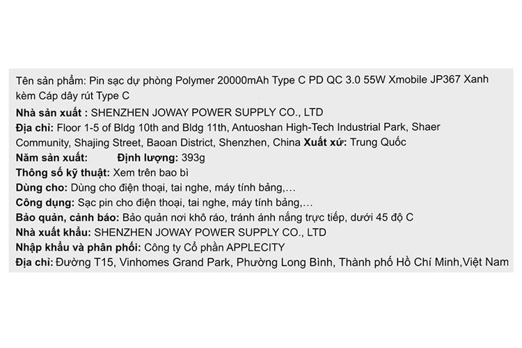Pin sạc dự phòng Polymer 20000mAh Type C PD QC 3.0 55W Xmobile JP367 kèm Cáp dây rút Type C Màu Xanh Dương
