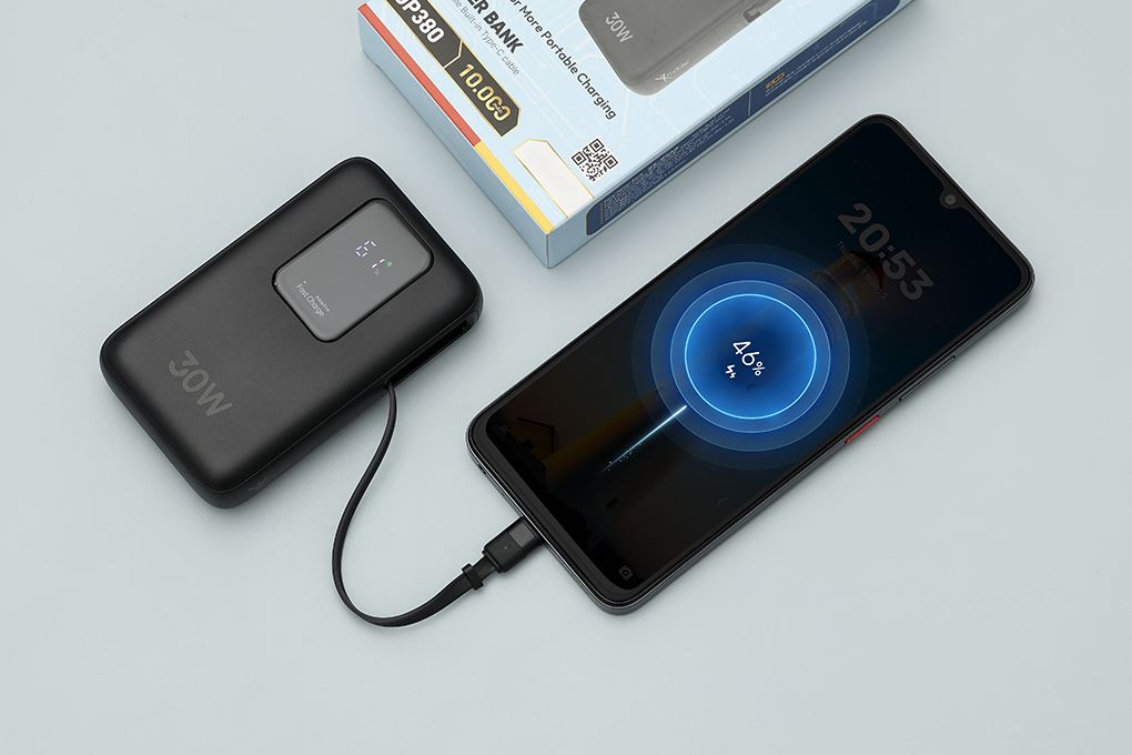 Pin sạc dự phòng Polymer 10000mAh Type C PD QC 3.0 30W Xmobile JP380 kèm Cáp dây rút Type C Màu Đen