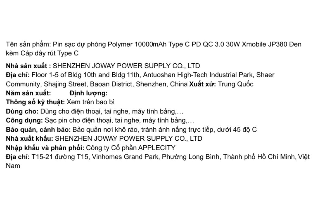 Pin sạc dự phòng Polymer 10000mAh Type C PD QC 3.0 30W Xmobile JP380 kèm Cáp dây rút Type C Màu Đen