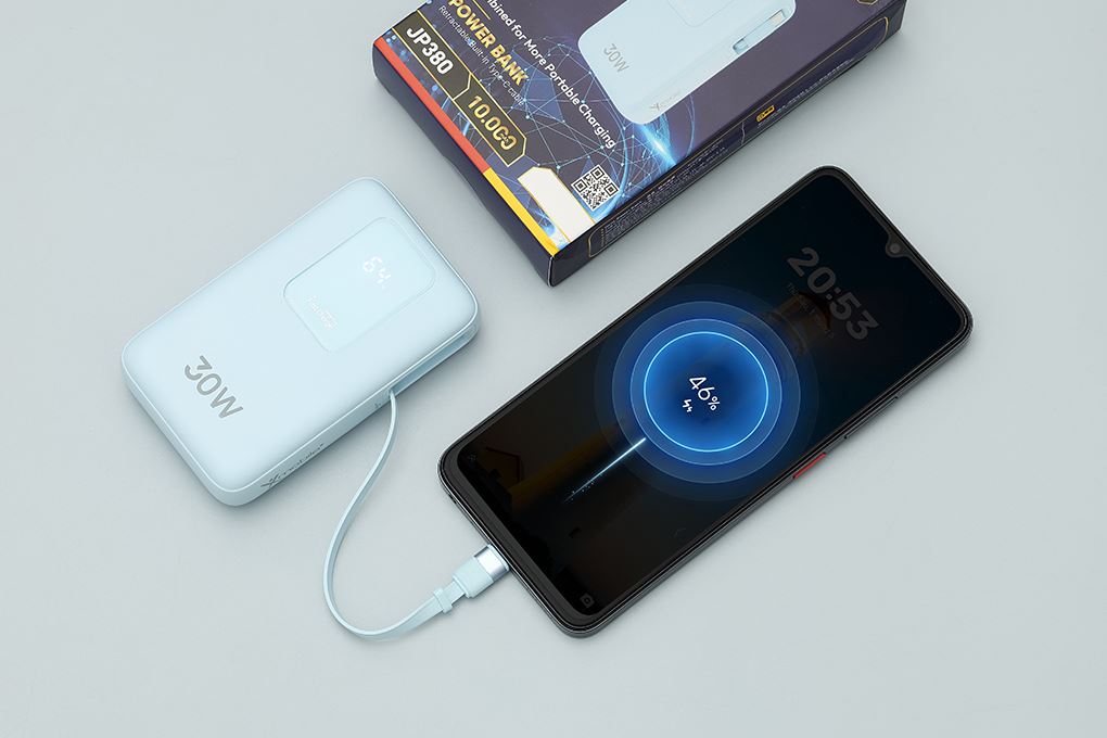Pin sạc dự phòng Polymer 10000mAh Type C PD QC 3.0 30W Xmobile JP380 kèm Cáp dây rút Type C Màu Xanh Dương