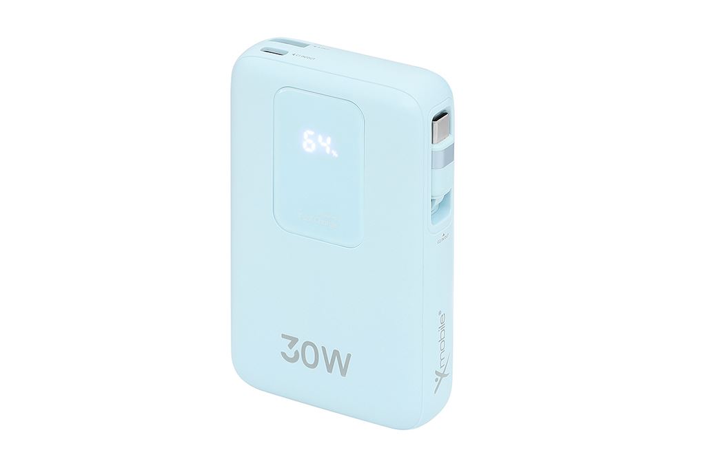 Pin sạc dự phòng Polymer 10000mAh Type C PD QC 3.0 30W Xmobile JP380 kèm Cáp dây rút Type C Màu Xanh Dương