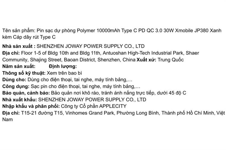 Pin sạc dự phòng Polymer 10000mAh Type C PD QC 3.0 30W Xmobile JP380 kèm Cáp dây rút Type C Màu Xanh Dương