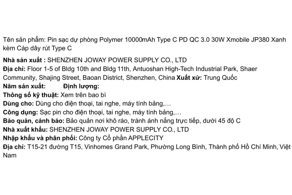 Pin sạc dự phòng Polymer 10000mAh Type C PD QC 3.0 30W Xmobile JP380 kèm Cáp dây rút Type C Màu Xanh Dương