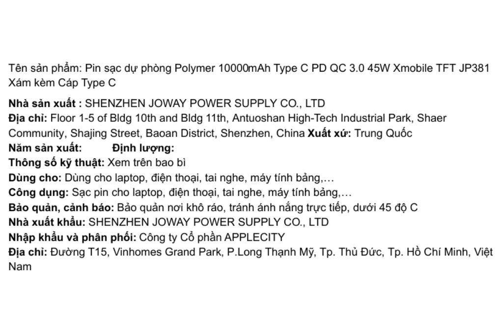 Pin sạc dự phòng Polymer 10000mAh Type C PD QC 3.0 45W Xmobile TFT JP381 kèm Cáp Type C Màu Xám