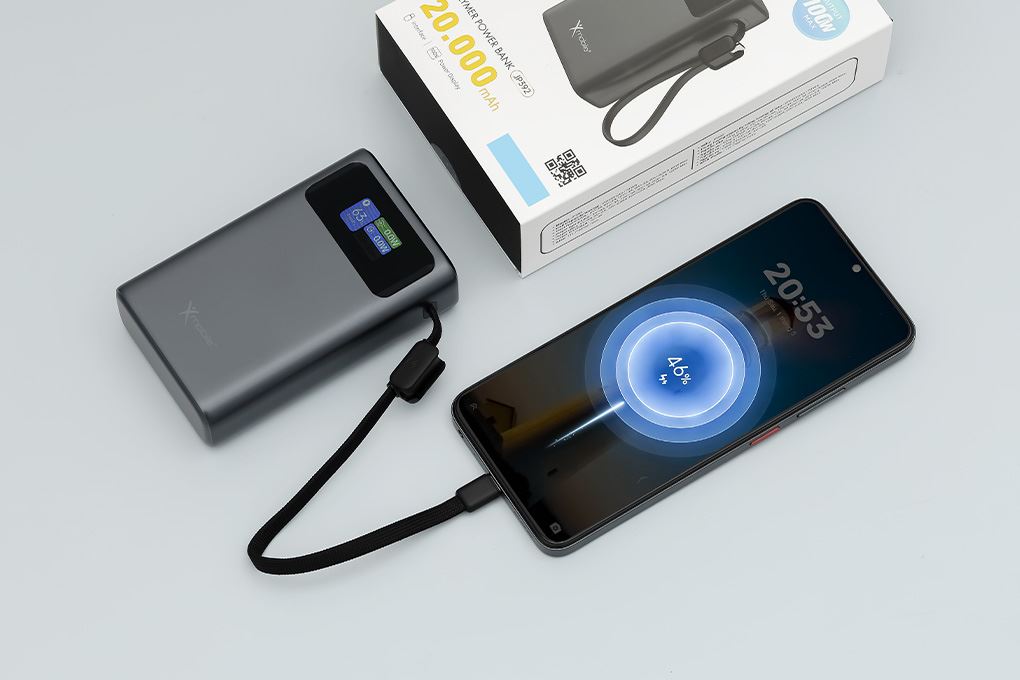 Pin sạc dự phòng Polymer 20000mAh Type C PD QC 3.0 100W Xmobile TFT JP392 kèm Cáp Type C Màu Xám