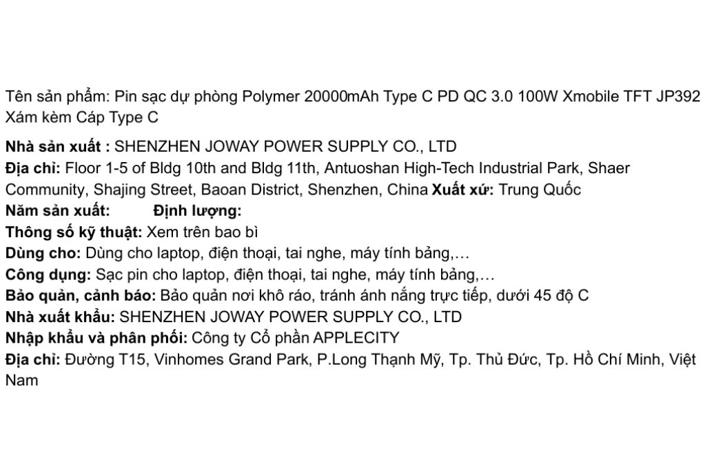 Pin sạc dự phòng Polymer 20000mAh Type C PD QC 3.0 100W Xmobile TFT JP392 kèm Cáp Type C Màu Xám