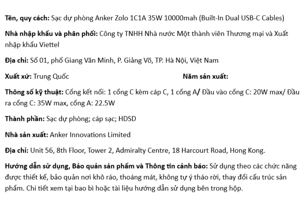 Pin sạc dự phòng Polymer 10000mAh Type C PD QC 3.0 35W Anker Zolo A110L kèm 2 Cáp Type C Màu Đen