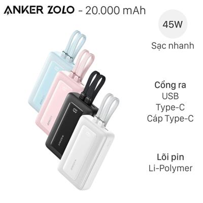 Pin sạc dự phòng Polymer 20000mAh Type C PD QC 3.0 45W Anker Zolo A110M kèm 2 Cáp Type C
