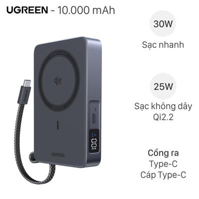 Pin sạc dự phòng Polymer 10000mAh Không dây Magnetic Qi2.2 Type C PD 30W Ugreen PB773 kèm Cáp Type C
