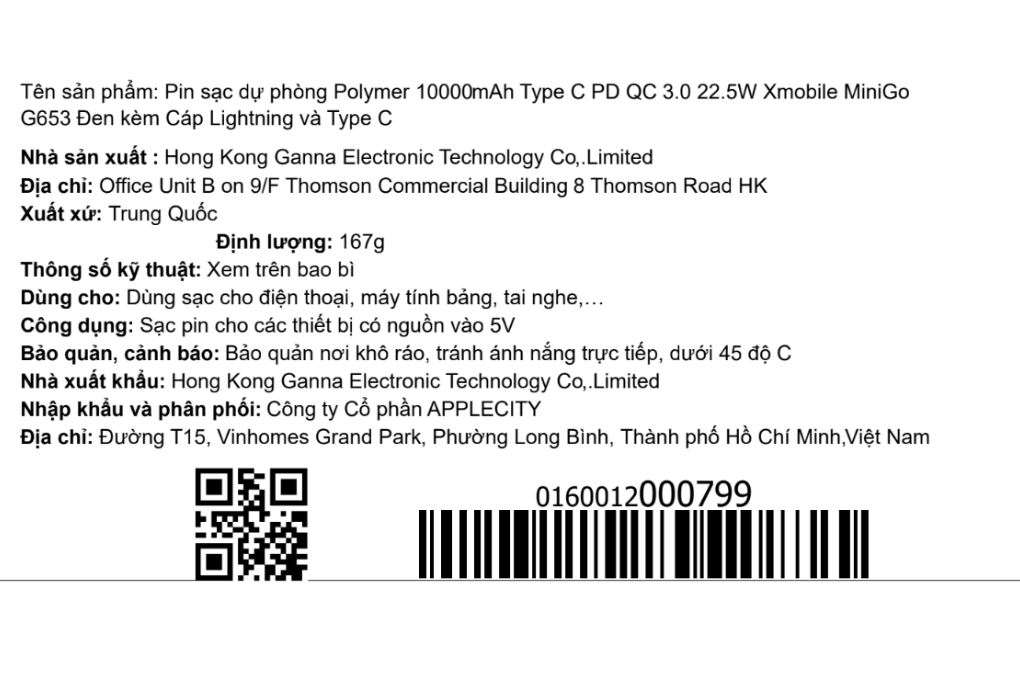 Pin sạc dự phòng Polymer 10000mAh Type C PD QC 3.0 22.5W Xmobile MiniGo G653 kèm Cáp Lightning và Type C Màu Đen