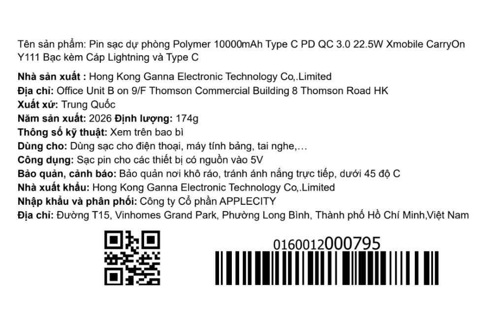 Pin sạc dự phòng Polymer 10000mAh Type C PD QC 3.0 22.5W Xmobile CarryOn Y111 kèm Cáp Lightning và Type C Màu Bạc