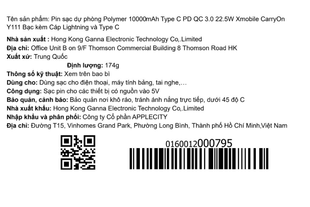 Pin sạc dự phòng Polymer 10000mAh Type C PD QC 3.0 22.5W Xmobile CarryOn Y111 kèm Cáp Lightning và Type C Màu Bạc