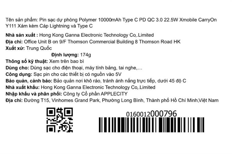 Pin sạc dự phòng Polymer 10000mAh Type C PD QC 3.0 22.5W Xmobile CarryOn Y111 kèm Cáp Lightning và Type C Màu Xám