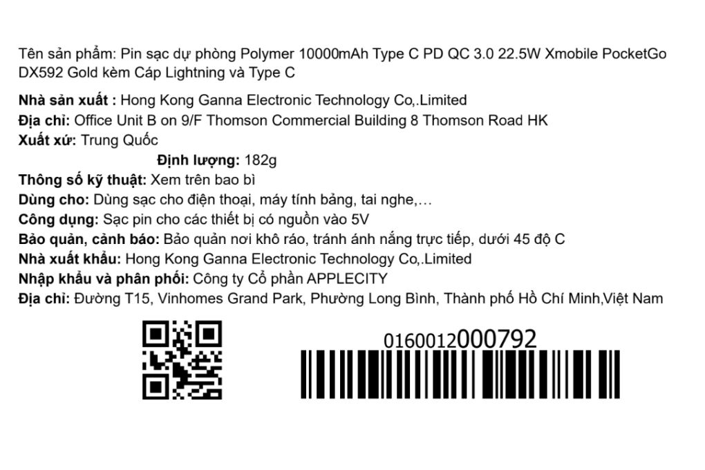 Pin sạc dự phòng Polymer 10000mAh Type C PD QC 3.0 22.5W Xmobile PocketGo DX592 kèm Cáp Lightning và Type C Màu Vàng
