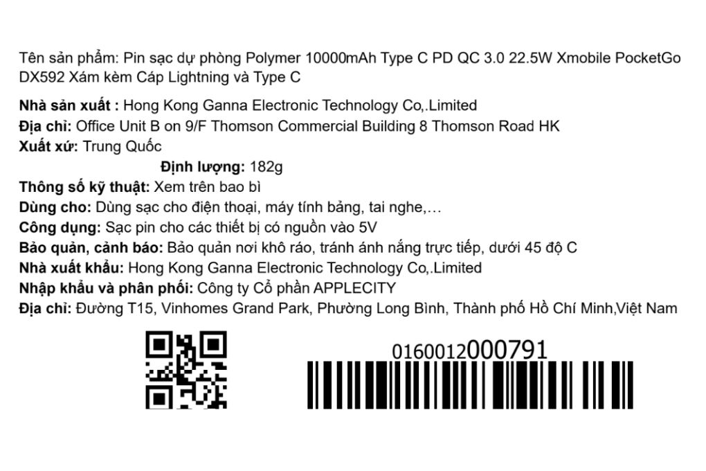 Pin sạc dự phòng Polymer 10000mAh Type C PD QC 3.0 22.5W Xmobile PocketGo DX592 kèm Cáp Lightning và Type C Màu Xám