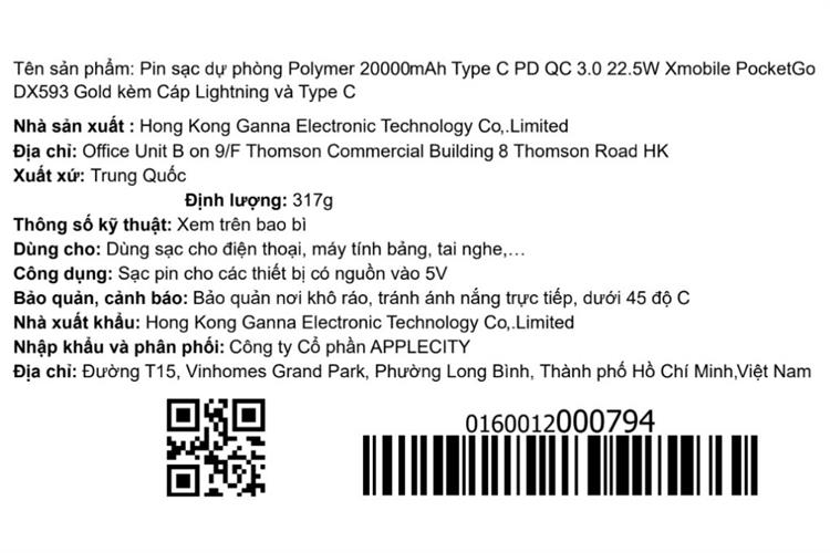 Pin sạc dự phòng Polymer 20000mAh Type C PD QC 3.0 22.5W Xmobile PocketGo DX593 kèm Cáp Lightning và Type C Màu Vàng