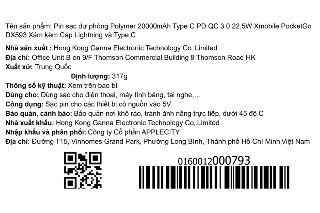 Pin sạc dự phòng Polymer 20000mAh Type C PD QC 3.0 22.5W Xmobile PocketGo DX593 kèm Cáp Lightning và Type C Màu Xám