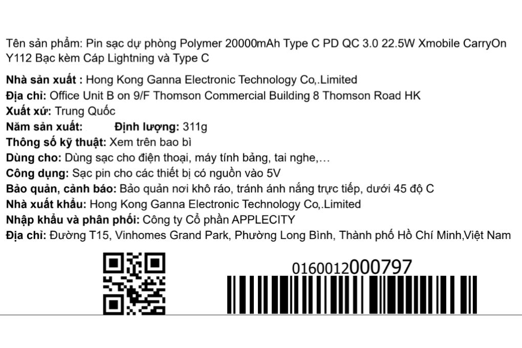 Pin sạc dự phòng Polymer 20000mAh Type C PD QC 3.0 22.5W Xmobile CarryOn Y112 kèm Cáp Lightning và Type C Màu Bạc