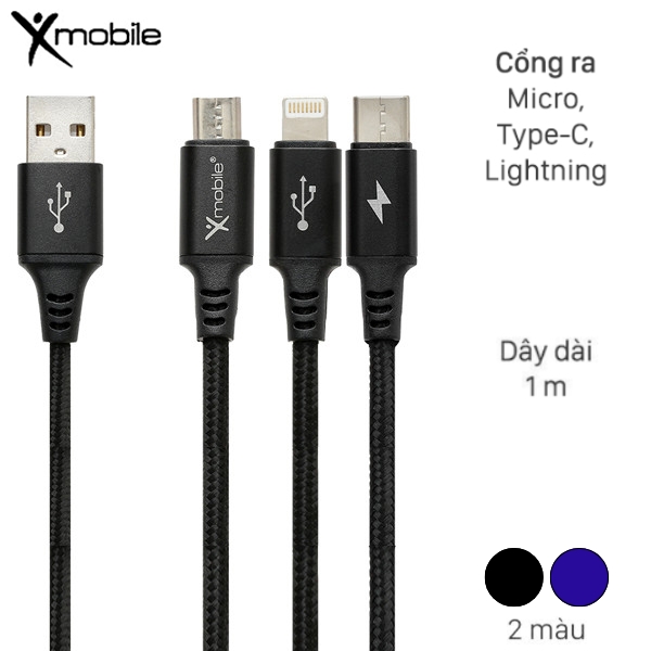 Cáp 3 Đầu Lightning Type C Micro 1M Xmobile Dr002