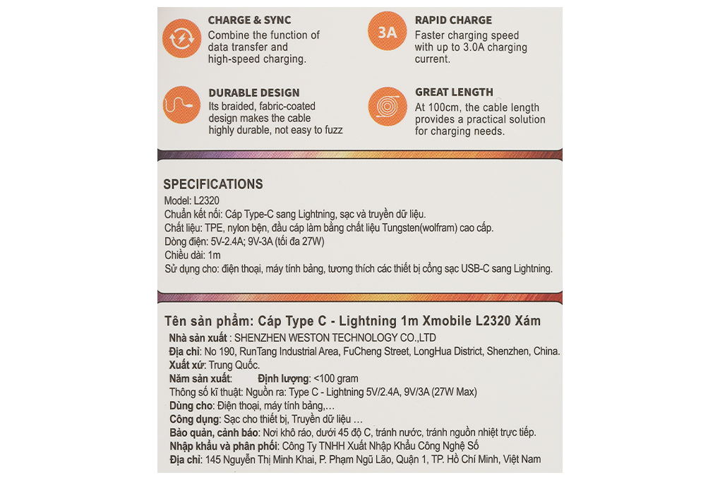 Cáp sạc nhanh và truyền dữ liệu Type-C - Lightning 27W 1m Xmobile L2320 Màu Nâu