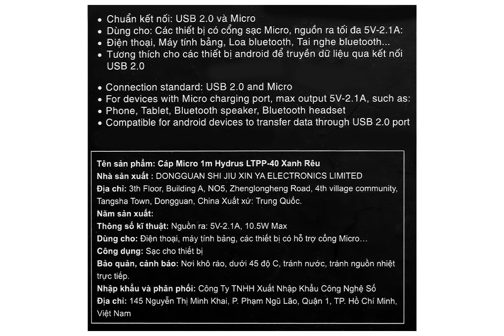Cáp sạc USB-A - Micro USB 10.5W 1m Hydrus LTPP-40 Màu Xanh rêu