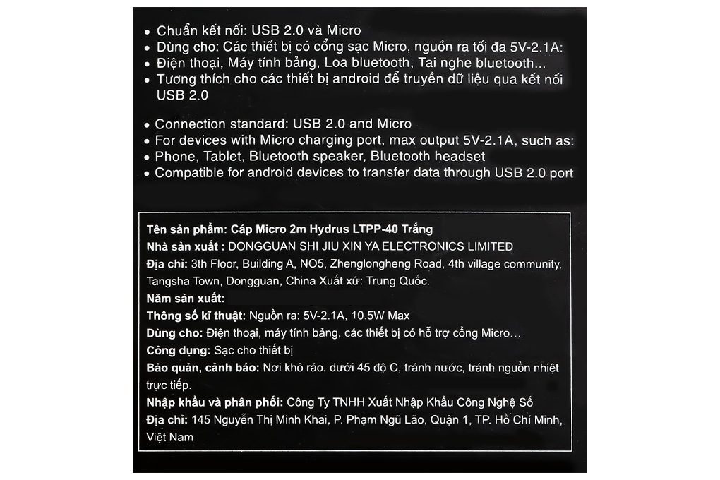 Cáp sạc USB-A - Micro USB 10.5W 2m Hydrus LTPP-40 Màu Trắng