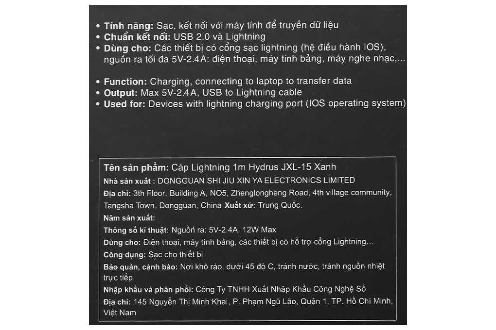 Cáp sạc USB-A - Lightning 12W 1m Hydrus JXL-15 Màu Xanh da trời