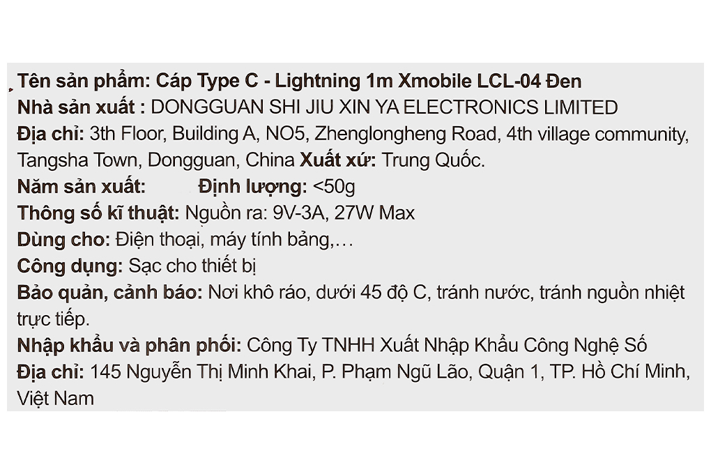 Cáp sạc nhanh và truyền dữ liệu Type-C - Lightning 27W 1m Xmobile LCL-04 Màu Đen